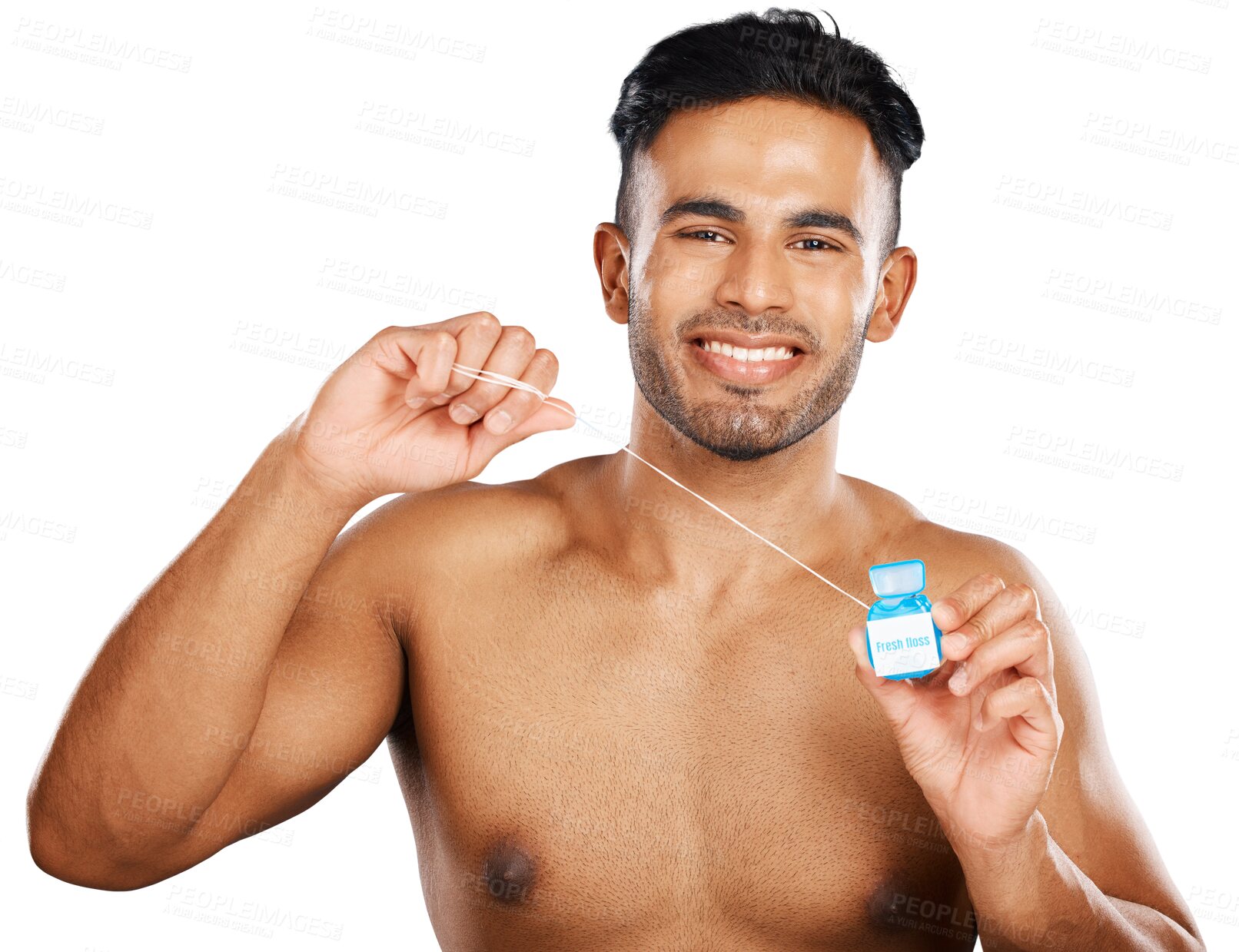 Buy stock photo Floss, smile and portrait of man for healthy dental care, gingivitis or plaque isolated on transparent png background. Happy indian guy, container or oral thread for cleaning, fresh breath or hygiene