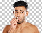 Beauty, hair and nose tweezer with man in a studio for cleaning,