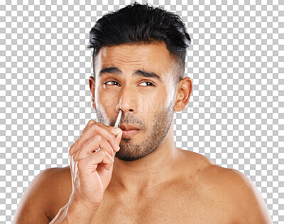 Buy stock photo Beauty, hair and nose tweezers with man, wellness and skincare isolated on a transparent background. Person, model and guy with treatment, grooming routine and hygiene with png, health and pamper.