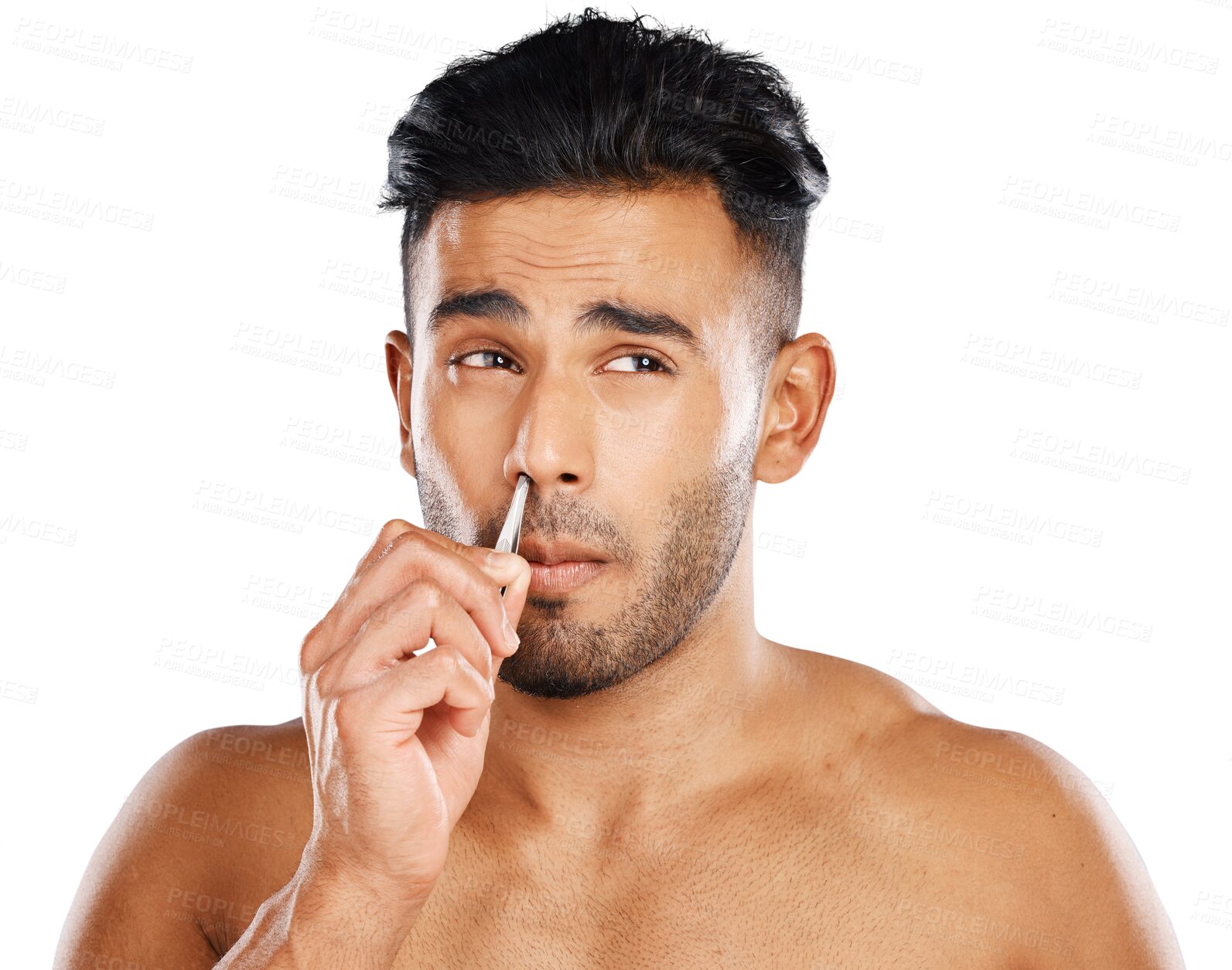 Buy stock photo Beauty, hair and nose tweezers with man, wellness and skincare isolated on a transparent background. Person, model and guy with treatment, grooming routine and hygiene with png, health and pamper.