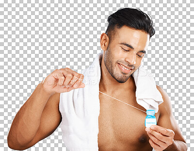 Buy stock photo Floss, smile or man cleaning with dental product for hygiene, gingivitis or plaque isolated on transparent png background. Indian guy, oral thread or container for mint breath after shower with towel