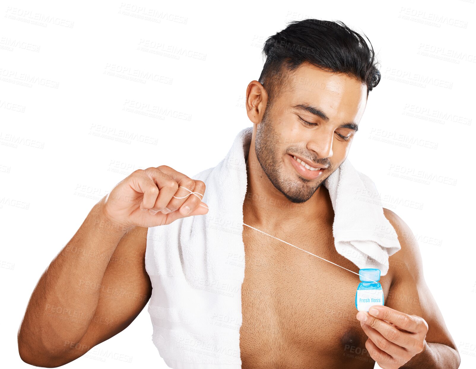 Buy stock photo Floss, smile or man cleaning with dental product for hygiene, gingivitis or plaque isolated on transparent png background. Indian guy, oral thread or container for mint breath after shower with towel