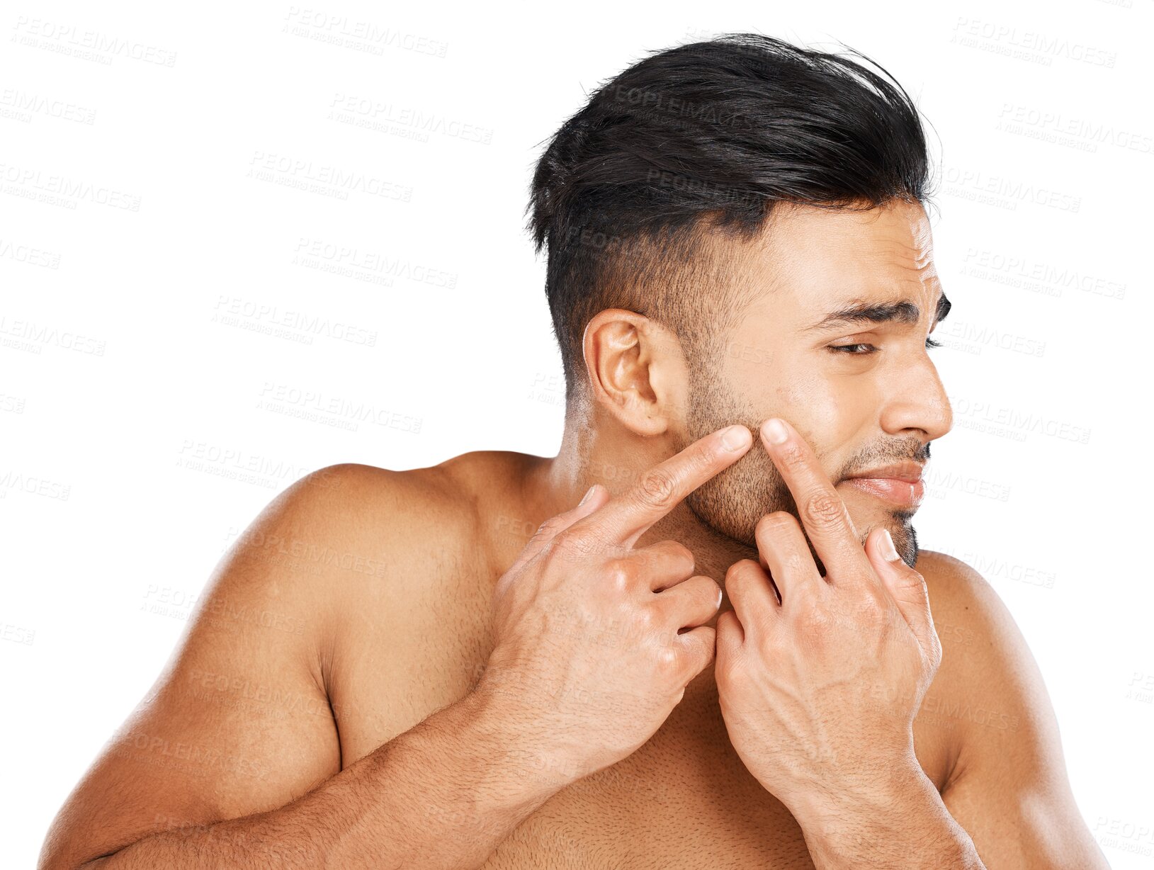 Buy stock photo Man, face and squeeze acne for skincare breakout, dermatology and scar isolated on transparent png background. Indian guy check facial beauty, press sensitive pimple and stress to scratch blackhead 