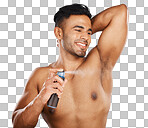 Smile, happy and man spray deodorant for hygiene, fresh scent or