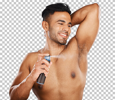 Buy stock photo Deodorant, spray and armpit of man with smile for beauty, grooming and clean hygiene isolated on transparent png background. Happy indian model with perfume cosmetics for sweat, underarm and skincare