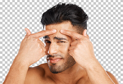 Buy stock photo Man, portrait and squeeze acne on face for skincare, breakout and check blackhead isolated on transparent png background. Indian guy, facial beauty and press pimple with pain, stress and scratch scar