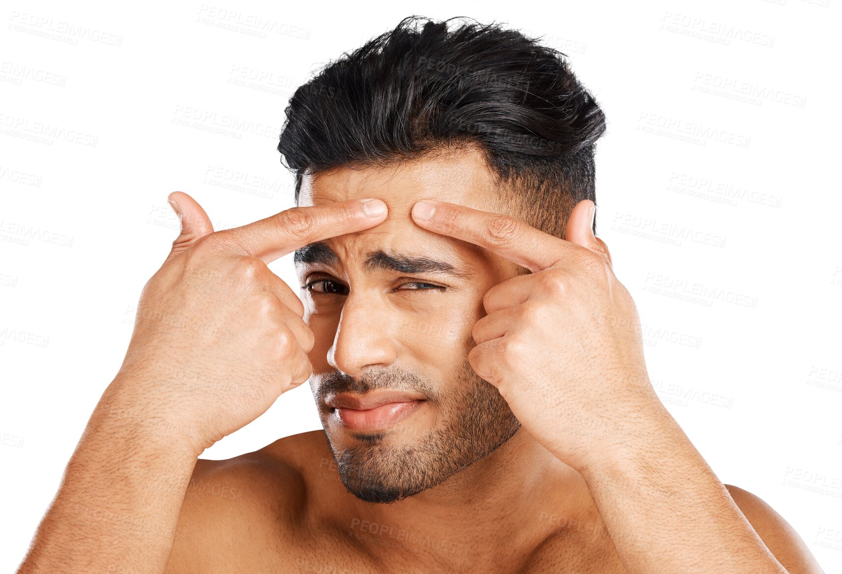 Buy stock photo Man, portrait and squeeze acne on face for skincare, breakout and check blackhead isolated on transparent png background. Indian guy, facial beauty and press pimple with pain, stress and scratch scar