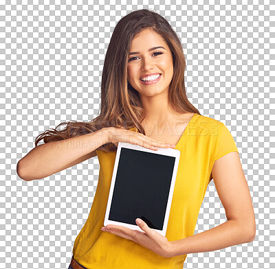 Buy stock photo Woman, portrait and tablet with screen for advertising, marketing or smile isolated on png transparent background. Person, face and happy and touchscreen for advertisement or presentation on internet