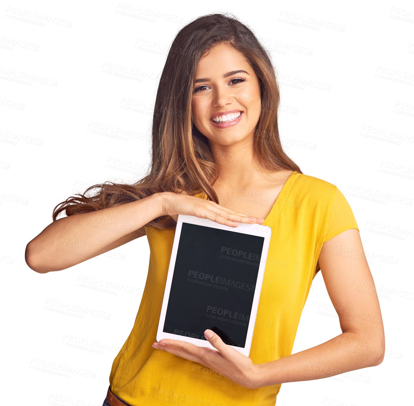 Buy stock photo Woman, portrait and tablet with screen for advertising, marketing or smile isolated on png transparent background. Person, face and happy and touchscreen for advertisement or presentation on internet