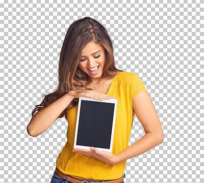 Buy stock photo Isolated woman, blank tablet and smile with space for promotion for app by transparent png background. Girl, digital touchscreen and happy with review, mockup or excited for choice, ux or marketing