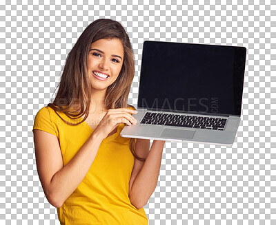 Buy stock photo Portrait, website and a woman with to a laptop for advertising isolated on transparent background as an influencer. Smile, internet and happy young woman showing a blank display on PNG for marketing