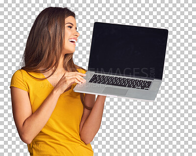 Buy stock photo Woman, smile and laptop with screen for advertising and marketing isolated on a png transparent background. Person, face and happy with computer pc for advertisement or presentation on social media