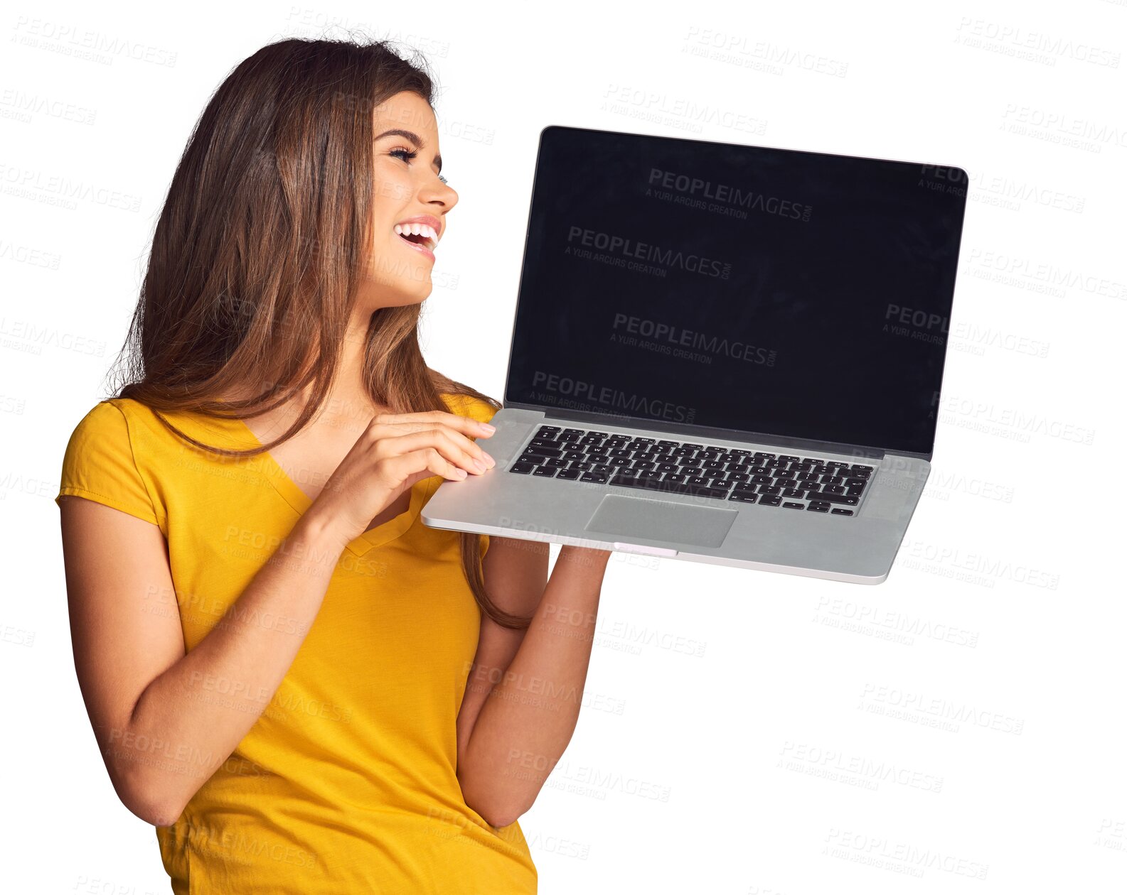 Buy stock photo Woman, smile and laptop with screen for advertising and marketing isolated on a png transparent background. Person, face and happy with computer pc for advertisement or presentation on social media