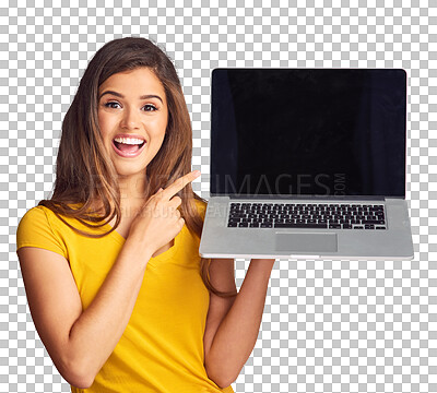 Buy stock photo Portrait, wow and a woman pointing to a laptop screen isolated on a transparent background for information. Computer, surprise and a happy young person showing an empty display on PNG for marketing