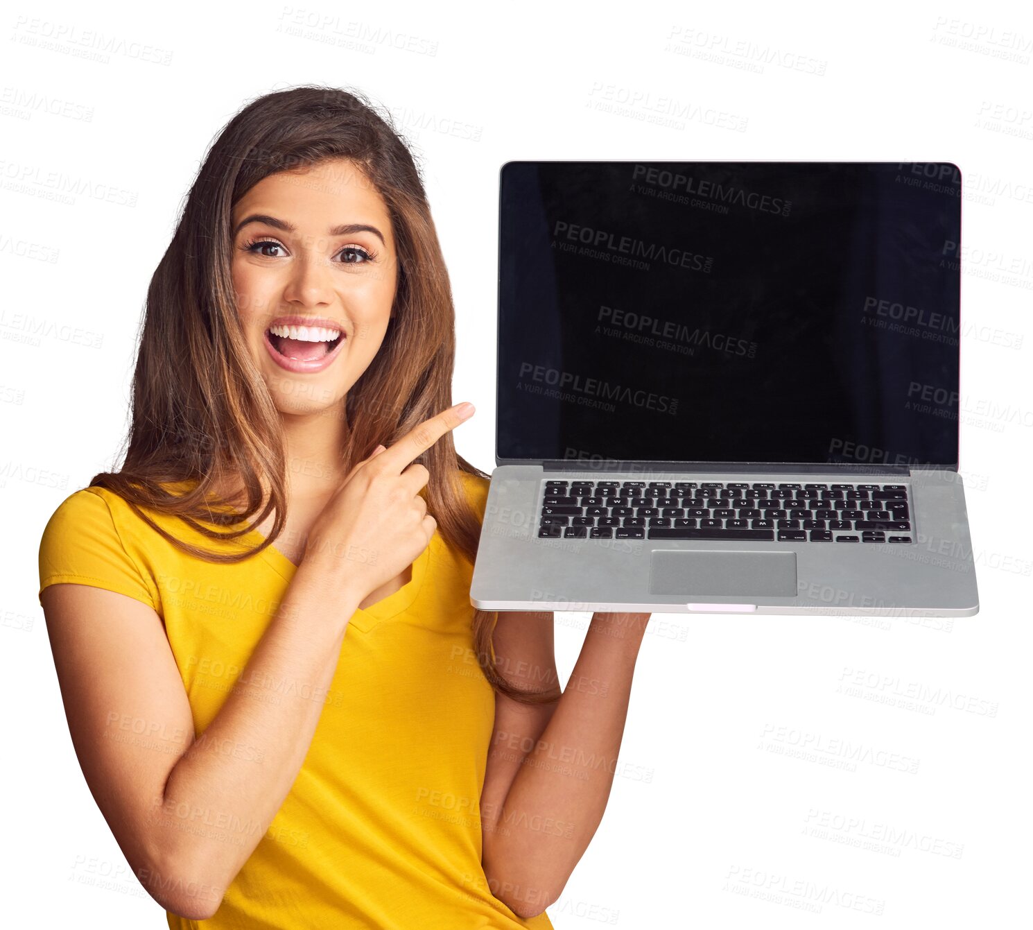 Buy stock photo Portrait, wow and a woman pointing to a laptop screen isolated on a transparent background for information. Computer, surprise and a happy young person showing an empty display on PNG for marketing