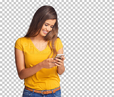 Buy stock photo Happy, woman and typing with smartphone to chat, update social media post or mobile games isolated on transparent png background. Cellphone, scroll or search web for news, reading notification or app