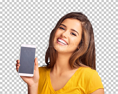 Buy stock photo Woman, portrait and smile for cellphone screen as mockup space or social media, internet or isolated on transparent png background. Female person, face and mobile or website, app or online connection
