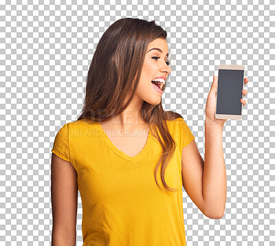 Buy stock photo Excited, woman and screen of smartphone for advertising space, sign up offer or newsletter about us isolated on transparent png background. Mobile app, sales announcement or promotion on social media