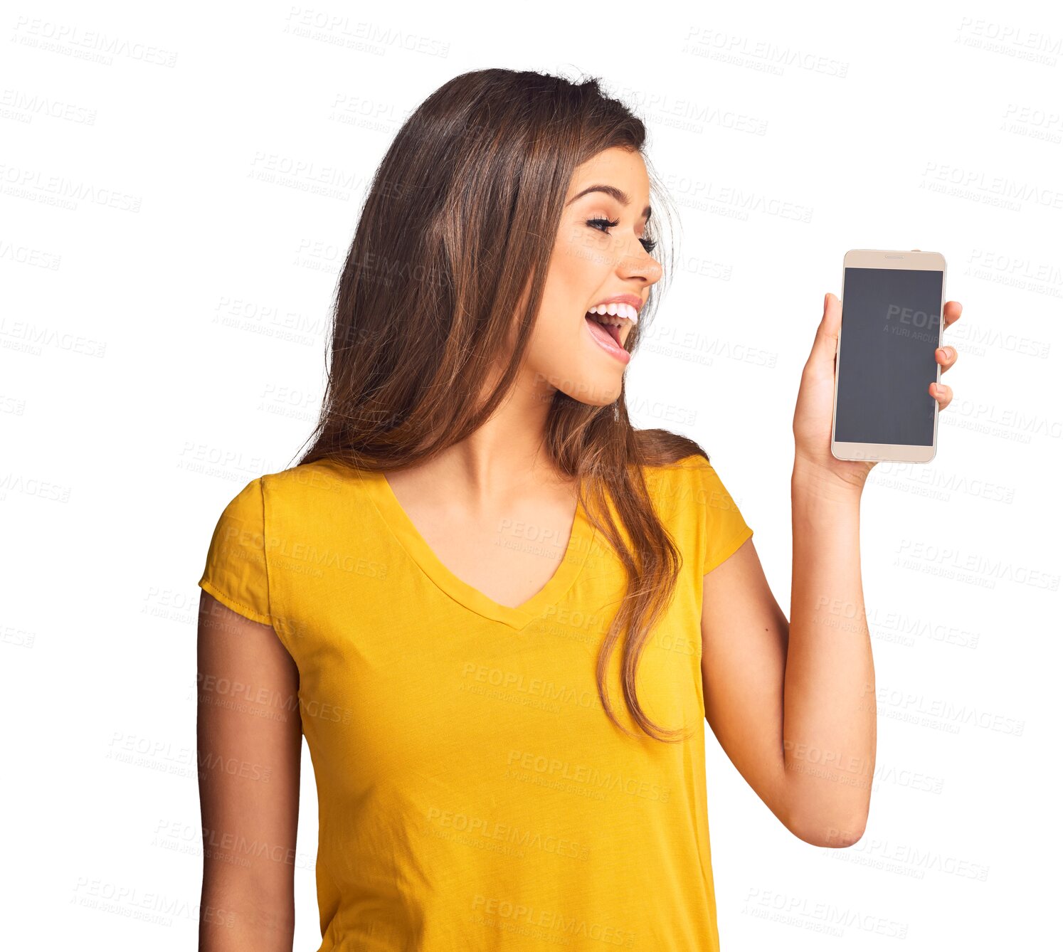 Buy stock photo Excited, woman and screen of smartphone for advertising space, sign up offer or newsletter about us isolated on transparent png background. Mobile app, sales announcement or promotion on social media