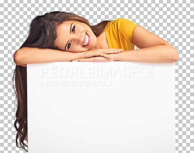 Buy stock photo Woman, portrait and smile with leaning on a placard isolated on a png transparent background. Face, poster and happy female person for advertising, marketing and commercial promotion or mockup