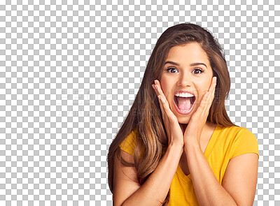Buy stock photo Woman, portrait and surprised with wow or happy for announcement or news isolated on a png transparent background. Person, face and shocked for notification, discount or gossip with smile or excited