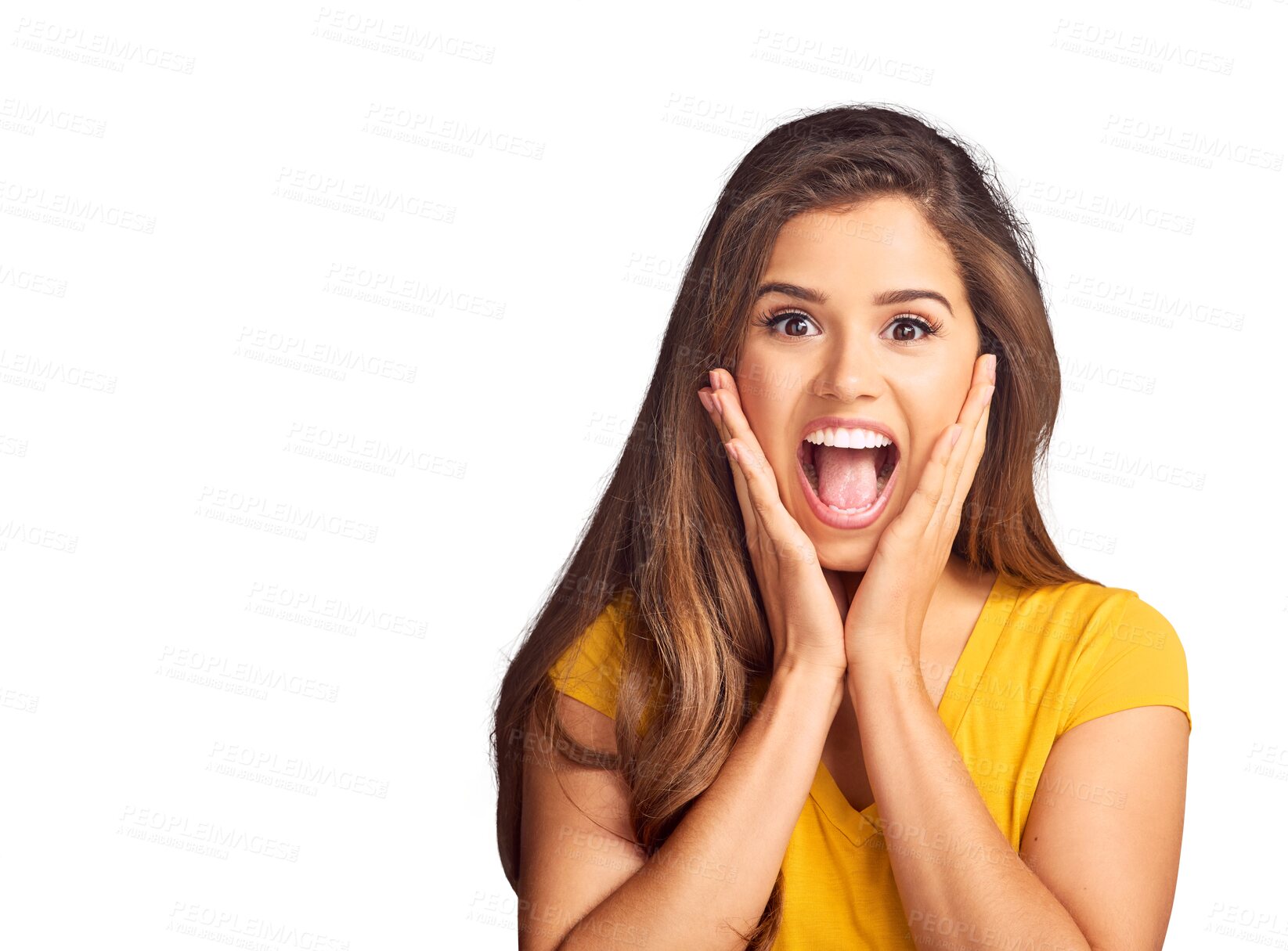 Buy stock photo Woman, portrait and surprised with wow or happy for announcement or news isolated on a png transparent background. Person, face and shocked for notification, discount or gossip with smile or excited