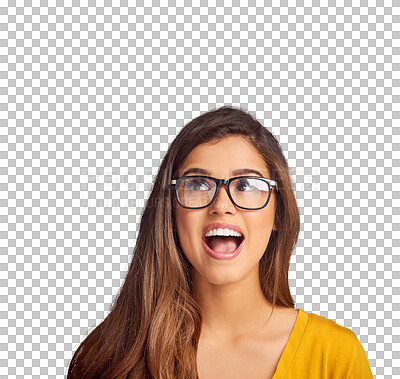 Buy stock photo Thinking, excited and surprise of woman, wow and happy isolated on a transparent png background. Smile, shock and person in glasses with idea, vision or dream, inspiration for solution and insight