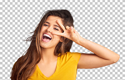 Buy stock photo Woman, portrait and happy with peace hand for fun emoji or motivation isolated on png transparent background. Person, face and smile with v sign, symbol or review with confidence, excited and joy