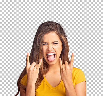 Buy stock photo Portrait, tongue out and happy woman with rocker hands for freedom, rockstar facial expression or rebel. Face, heavy metal and girl with punk rock emoji sign on transparent, png background