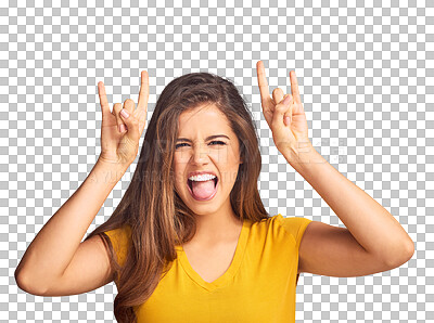 Buy stock photo Happy, rock n roll sign and woman with emoji, hand or gesture with tongue out. Confident, smile and portrait of female model from Mexico with crazy expression isolated by transparent png background.