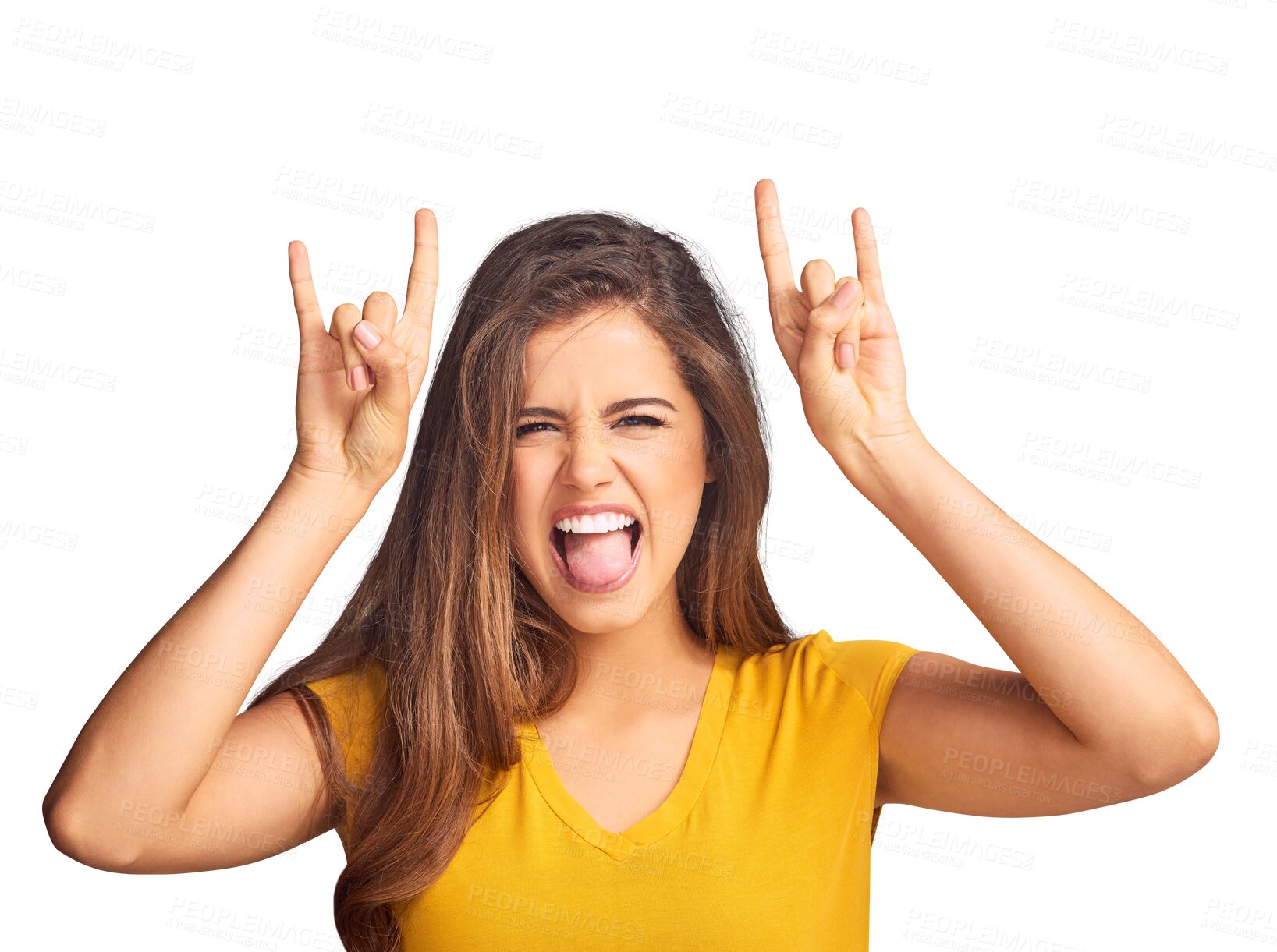 Buy stock photo Happy, rock n roll sign and woman with emoji, hand or gesture with tongue out. Confident, smile and portrait of female model from Mexico with crazy expression isolated by transparent png background.