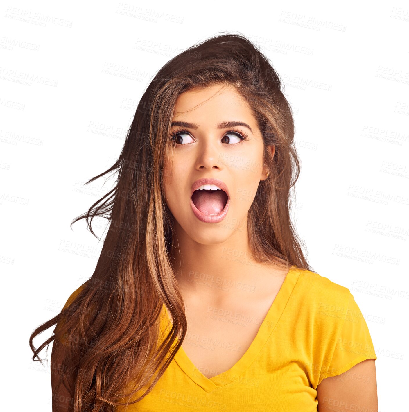 Buy stock photo Surprise, shocked and face of woman react to OMG gossip news, WTF discount deal or commercial promotion. Wow announcement, emoji facial expression and person isolated on transparent, png background