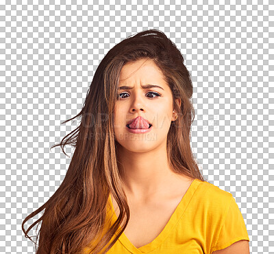 Buy stock photo Woman, tongue out and crazy face for comedy, funny or playful isolated on a png transparent background. Person, comic and silly expression with humor, confidence and freedom or goofy personality