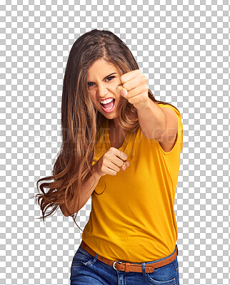 Buy stock photo Woman, fight and fist in portrait, frustrated and anger with power by transparent png background. Isolated girl, stress and face for conflict with boxing, self defence and martial arts with punch