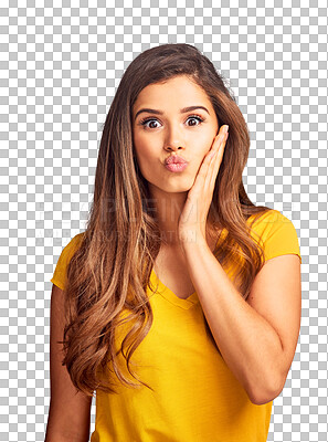 Buy stock photo Portrait, beauty and pout expression with a woman isolated on transparent background for natural wellness. Face, skincare and a confident young model on PNG to gesture a kissing emoji with her mouth