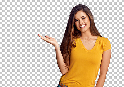 Buy stock photo Woman, happy and portrait with palm for presentation, news announcement and sales promotion isolated on transparent png background. Hands advertising deal, feedback or opinion of information about us