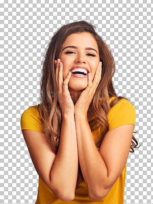 Buy stock photo Portrait, beauty and a woman laughing at a joke isolated on a transparent background for natural wellness. Face, skincare and funny with a happy young model on PNG for comedy, humor or expression