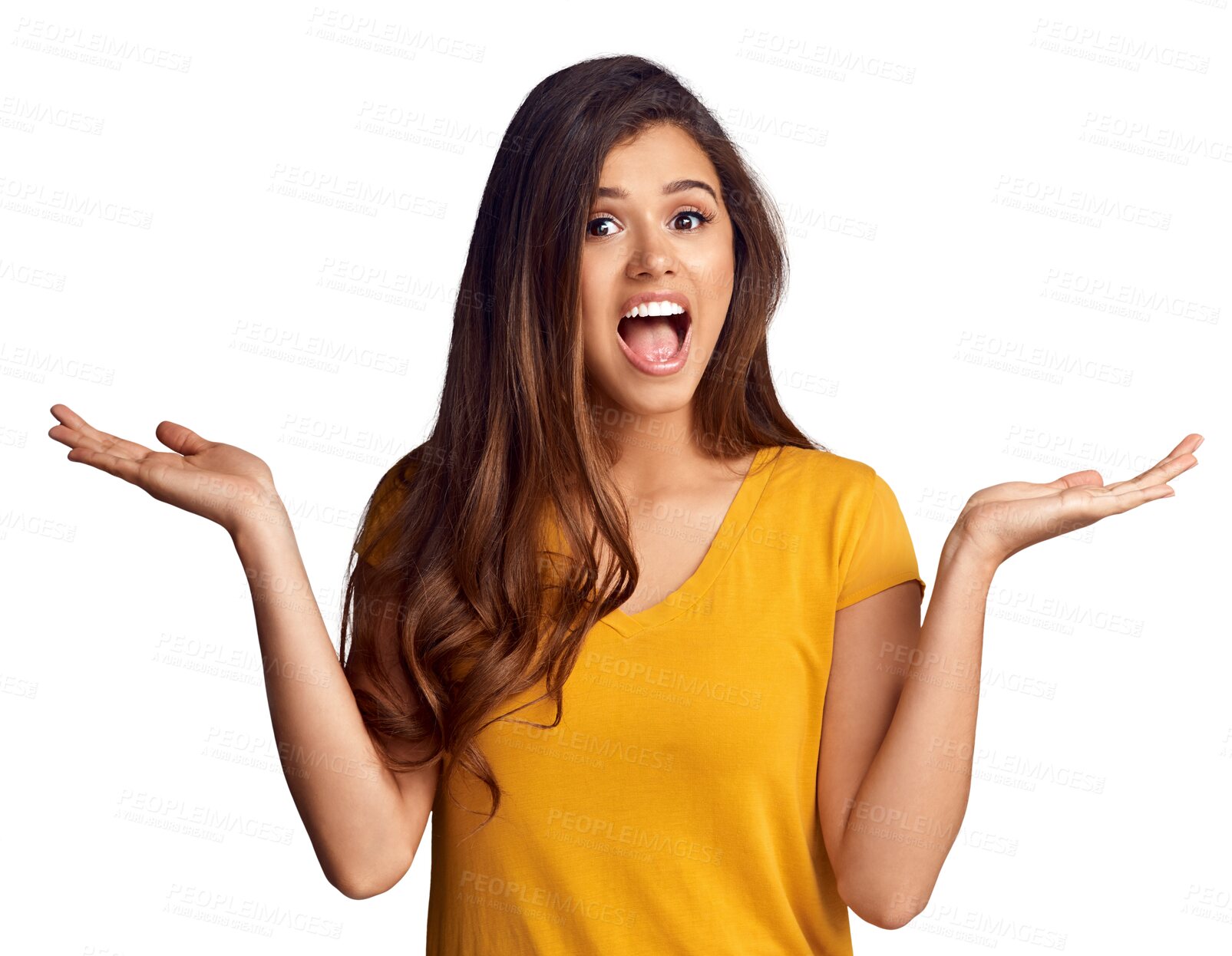 Buy stock photo Portrait, happy woman and smile with presentation for option, offer or decision with suggestion for choice. Female model, excited emoji or facial expression on isolated or transparent png background