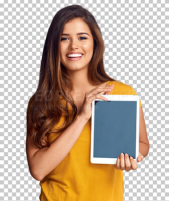 Buy stock photo Portrait of happy woman, tablet or mockup on screen for advertising, marketing or website. Png background, transparent or isolated person with smile or tech for app, space or presentation online