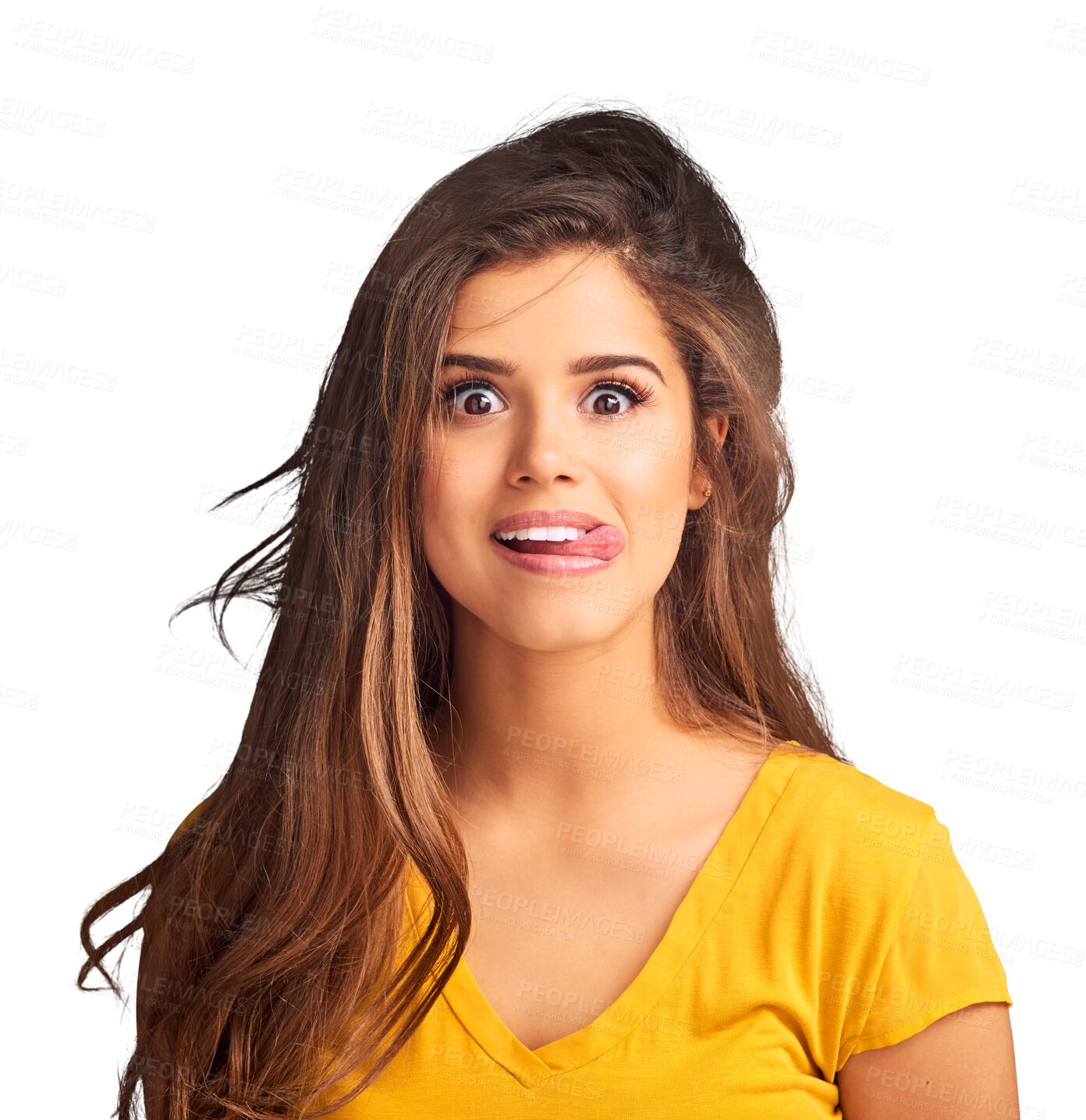 Buy stock photo Young woman, tongue out and portrait for funny expression isolated on a transparent png background. Face of a casual girl or female model with crazy emoji for goofy, humor and comedy with cool style