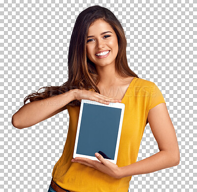 Buy stock photo Portrait of happy woman, isolated tablet or mockup on screen for advertising, marketing or website. Png background, transparent or person with smile or tech for online branding, space or presentation