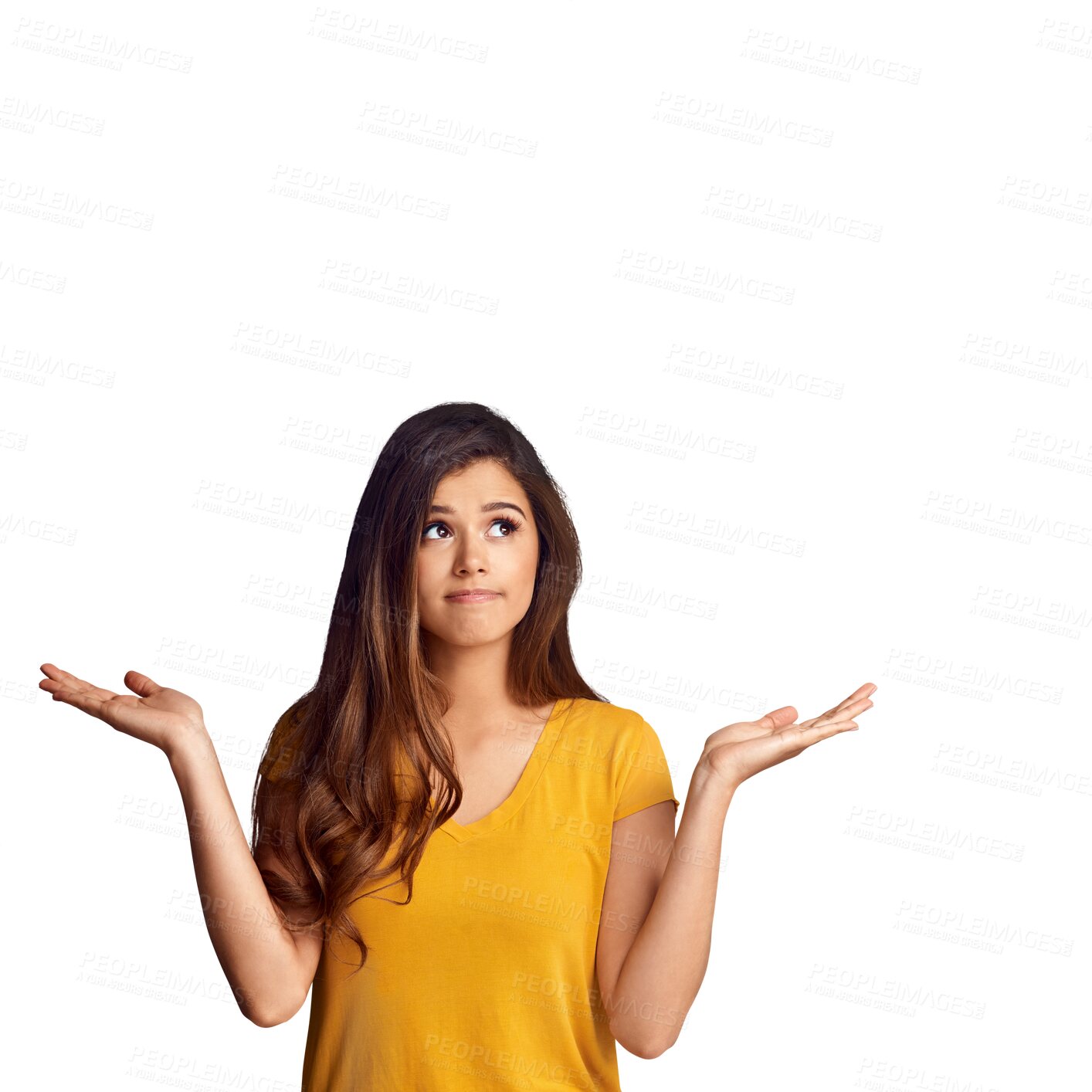 Buy stock photo Woman, thinking and confused with shrug for choice, decision or option with hands for presentation. Female model, idea and gesture with emoji for information on isolated or transparent png background