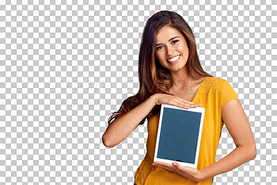 Buy stock photo Portrait of happy woman, tablet or offer on screen for advertising, marketing or website. Png background, transparent or isolated person with smile or tech for branding, mockup space or presentation