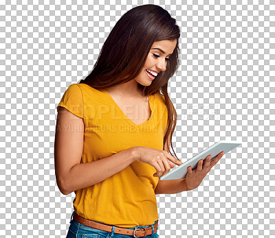 Buy stock photo Woman, smile and scroll on tablet for social media post, ebook and update software isolated on transparent png background. Digital tech, download and subscription for blog, online games and news app 
