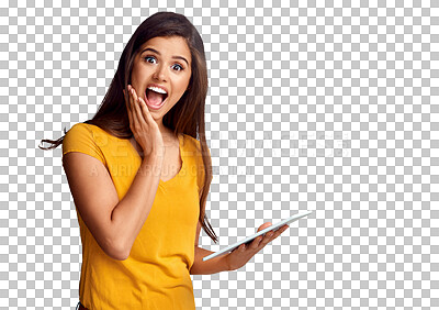Buy stock photo Isolated woman, surprise and shock with tablet for news, announcement and portrait by transparent png background. Girl, social media app and wow on face with smile for gossip, secret sale and winning