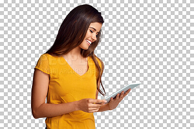 Buy stock photo Happy, woman and scroll with tablet for app, update social media post and online shopping isolated on transparent png background. Digital streaming, subscription and download blog, software and ebook