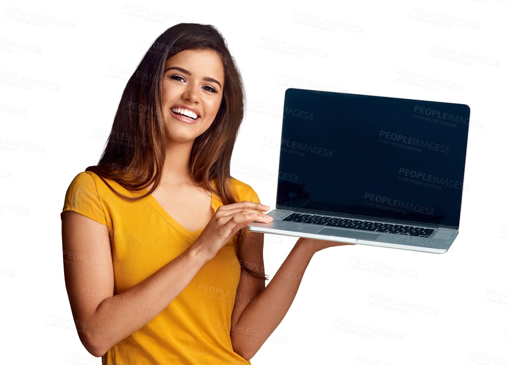 Buy stock photo Portrait, presentation and website on a laptop screen with a woman isolated on a transparent background for promo. Smile, internet and a happy young woman showing an empty display on PNG for info