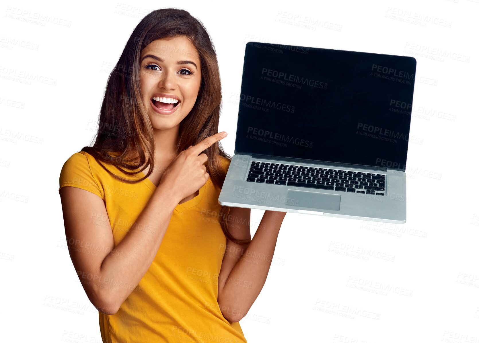 Buy stock photo Portrait, laptop and an excited woman pointing to space isolated on transparent background for information. Smile, wow or surprise and happy young person showing an empty display on PNG for marketing