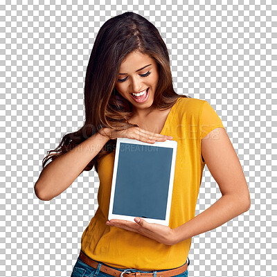 Buy stock photo Isolated woman, tablet and happy with space for promotion for app by transparent png background. Girl, digital touchscreen and happy with thinking, blank mockup or excited for vision, ux or marketing