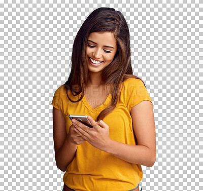 Buy stock photo Woman, smile and typing with phone to chat, update social media post and reading notification isolated on transparent png background. Multimedia, contact and scroll web for news, mobile games and app